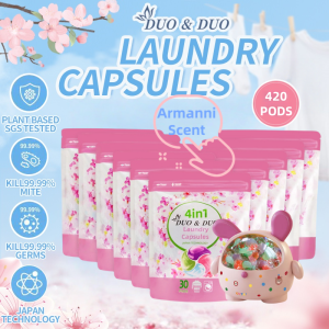 [Bundle of 10+1] DuoDuo - 10 Refill Packs + 1 Box of 4 in 1 Laundry Capsules / 420pods Armanni Scent/PInkBlack and Yellow box