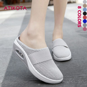 Atikota Womens 2021 Summer Slip Ons Sandals Large Size Thick-soled Air Cushion Mesh Breathable Half Slippers for Women