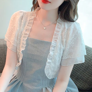 Impression Fashion Korean Floral Chiffon Joint Lace Short Sleeve Short Sun-protective Shawl Cardigan