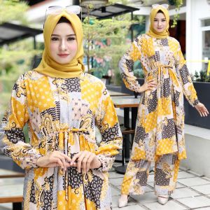 Fya Shope - Stelan Baju Tunik & Celana Wanita Muslimah Blouse Lengan Panjang Fashionable Baju Mewah Elegant Baju Tunik Wanita Busui Set Daunpakis / Good Quality / Best Seller / Real Pict