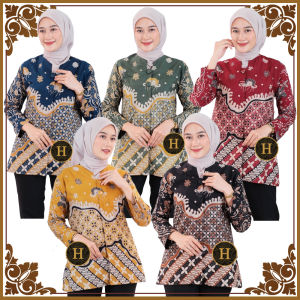 Blus / Blouse Atasan Batik Wanita Perempuan Cewek Kerja Kantor Modern Lengan Panjang Motif Bintang