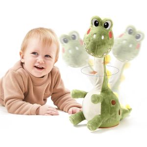 Dinosaur plush interactive baby toys similar to dancing cactus with talking recordings of repeated speech singing and dancing dinosaur prone time baby toys 6-12 months
