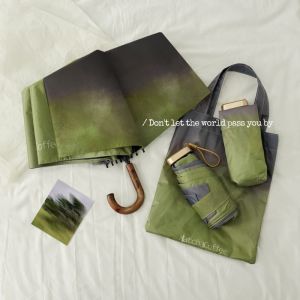 Dù xếp hoa sành điệu với bảo vệ khỏi ánh mặt trời UPF50 + tay cầm bằng gỗ thanh lịch và túi đồng bộ cho nữ
