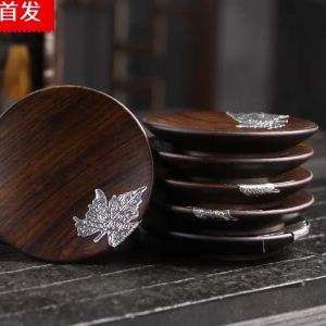 Sacesr 6pcs Ebony Tea Coaster Creative Retro Cup Holder Pure Tin Lotus Leaf Maple Leaf Coaster Solid Wood Chinese Tea Set Accessories R6P8Q