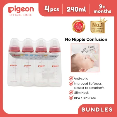 Pigeon Official - PP Slim Neck Standard Feeding Red Bottle Fast Flow 240ml 9+ Months Pack of 4 Anti Colic No Nipple Confusion BPA Free Soft Flexible Nipples Japan No. 1 Brand