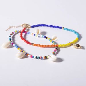 กำไลข้อเท้าเปลือกหอยข้อเท้าลูกปัดสีๆชุดเซ็ตยางยืดและตะข้อ