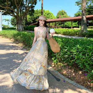 2026 Summer Women Vacation‑Style Halter V‑Neck Backless Printed Flared Maxi Dress