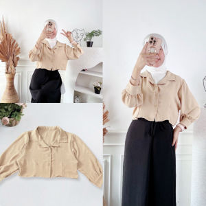 QR - REC OOTD KEMEJA LENGAN PANJANG CROP POLOS / Puffal Top CRINCLE / ATASAN WANITA TERBARU / HEM POLOS