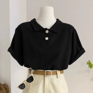 ✅【READY STOCK At Johor】Beryl WomenS Solid Color Casual POLO Shirt Button-Embellished Blouse Summer Short-sleeved