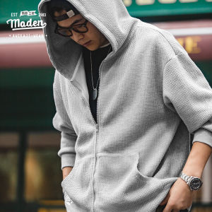 Maden brand tooling style campus academic student sunshine juvenile Japanese retro gray waffle hooded sweater lazy knitted cardigan men simple sports jacket
