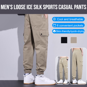 Mens Spring Loose Ice Silk Multipocket Drawstring Leg Sports Casual Pants Summer Loose Oversized Track Pants 6 Convenient Pockets Skin-Friendly Quick-Drying