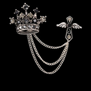 1Pc New Retro Black Gold Silver Crown Chain Tassel Brooch Mens Personalized Versatile Banquet Party Suit Accessories