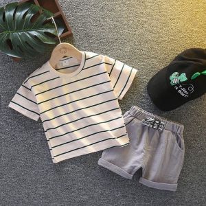 Baby Boy 2‑Piece Clothes Set Toddler Boys Horizontal Stripe Round‑Neck Short‑Sleeve Tee Web‑Tape Waistband Casual Shorts Soft Summer Kids Outfit 0‑5 Years