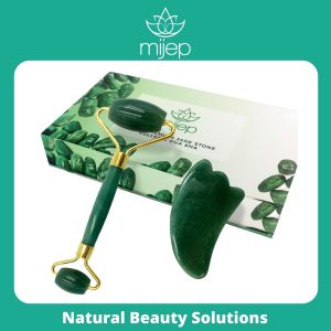 MIJEP Jade Roller and Jade Gua Sha - Stunning Premium Quality Natural Jade Stone Facial GuaSha and Face Massager Tools. Traditional Crystal Facial Scraping Tool and Rollers