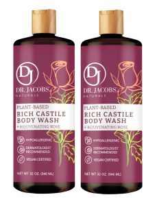 Dr Jacobs Naturals ROSE CASTILE BODY WASH 32oz Twin Pack (2 x 946ml bundle) - Made in USA - reduce stress and lower your heart rate with its calming and uplifting scent - Made with antioxidant rich olive and coconut oil (never palm oil)