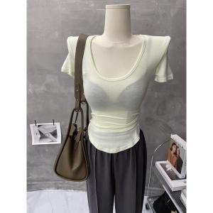 Áo thun nữ cộc tay form ôm body đuôi tôm cổ tròn 5 màu xanh hồng xám trắng đen be free szie dưới 55kg - trieuduong 08