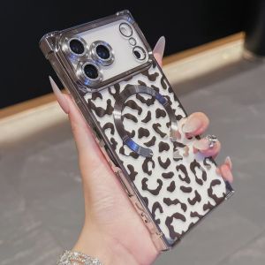 Magnetic Case Compatible For iPhone 18 Pro Max 17 air 16 puls 15 14 13 Case Full Camera Protection & Reinforced Corners Electroplate Leopard Clear Slim Shockproof TPU Phone Cover for Women Girls Gold