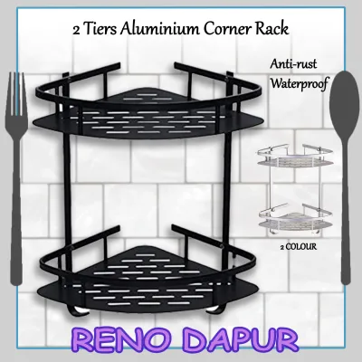[RENODAPUR] 2 Tiers Aluminium Corner Rack Two Layer Kitchen Bathroom Shower Shelf with 2 Hooks - Silver