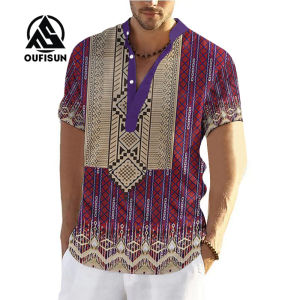 Dân Tộc Bộ Lạc Lấy Cảm Hứng Từ Áo Sơ Mi Cho Nam Cổ Chữ V Vintage Áo Sơ Mi Truyền Thống Dải Tròn Retro Plus Rời Quá Khổ Cao Cấp
