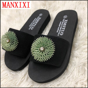 MANXIXI Beautiful 1.18 Inches Wedge Sandals Green Grass Inlay Rubber Sole Sturdy Flat Slippers For Women (Size 35-40)