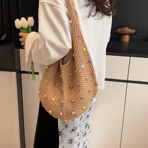 Phụ Nữ túi đi biển Crochet Túi Đeo Vai Túi Xách Thời Trang Với hạt nhiều màu Thẩm Mỹ Nách Túi Túi đan Cho Du Lịch