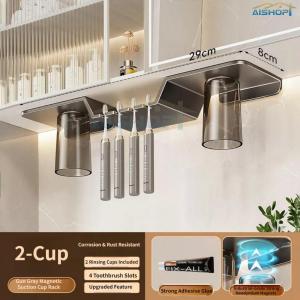 [SG Seller]No Drill Bathroom Organizer with 4 Cups & Toothbrush Holders Stainless Steel Shelf for Bathroom Accessories