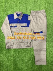 Quần áo bảo hộ lao động màu ghi đất phối xanh vải kaki thấm hút mồ hôi M13- Hình thật