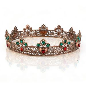 Vintage Shiny Baroque Round Crown Metal Hair Ornaments King Queen Tiara Gold Headwear Rhinestone Crown Girls h260430m