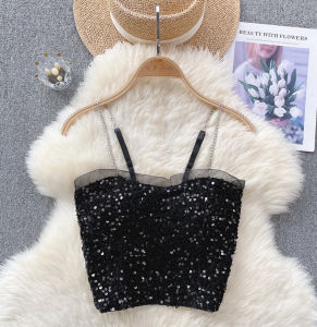 เสื้อกั๊กกำมะหยี่ปักเลื่อมสำหรับผู้หญิงเสื้อกั๊กสายเอี๊ยมโซ่เสื้อเกาะอกสั้น