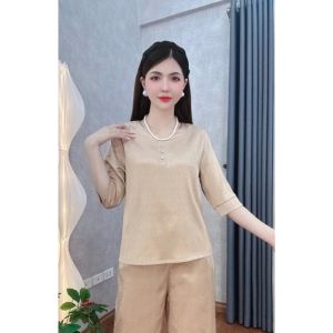 Bộ đồ lụa trυng niên mặc nhà cho mẹ mềm mại co giãn nhẹ tay lỡ quần dài