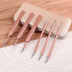 Cell clamp tweezers with closed tips for blackhead removal Leather Bag 6 Two-piece set of acne needles double-ended rose gold acne needles pimple needles