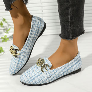 Plus-Size WomenS Shoes New Spring/Summer Korean Style Pointed Toe Fashionable Plaid Shallow Mouth Flat-Soled Loafers
