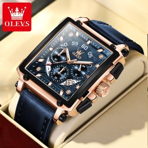 OLEVS Watch For Men 2025 New Square Original Waterproof Sport Fashion Leather Multifunctional Chronograph Import Quartz Calendar Luminous