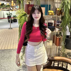 SpinnyHouse เสื้อครอปแขนยาว ผ้าเรย่อน 🥞 ยืดเยอะมาก สาวอวบใส่ได้  รุ่น  WAN B-046-2-AA