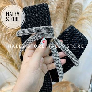 Dép lê bệt nữ HALEY STORE quai ngang mũi vuông đính đá xoàn lấp lánh pha lê sang chảnh đi chơi đi tiệc đi du lịch haleystore