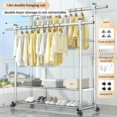 【SG Stock】IRO fit HBD Extendable Double Pole Stainless Steel Clothes Hanger H- Type Laundry Nordic Style Ins Style Laundry rack Rack Drying Clothes Rack Nordic Style Foldable