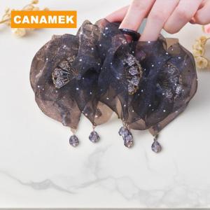 【CANAMEK】 Sweet Mesh Tulle Tassels Hair Claw For Women Temperament Shining Zircon Ponytail Shark Clip Princess Headdress Hair Accessories Gifts