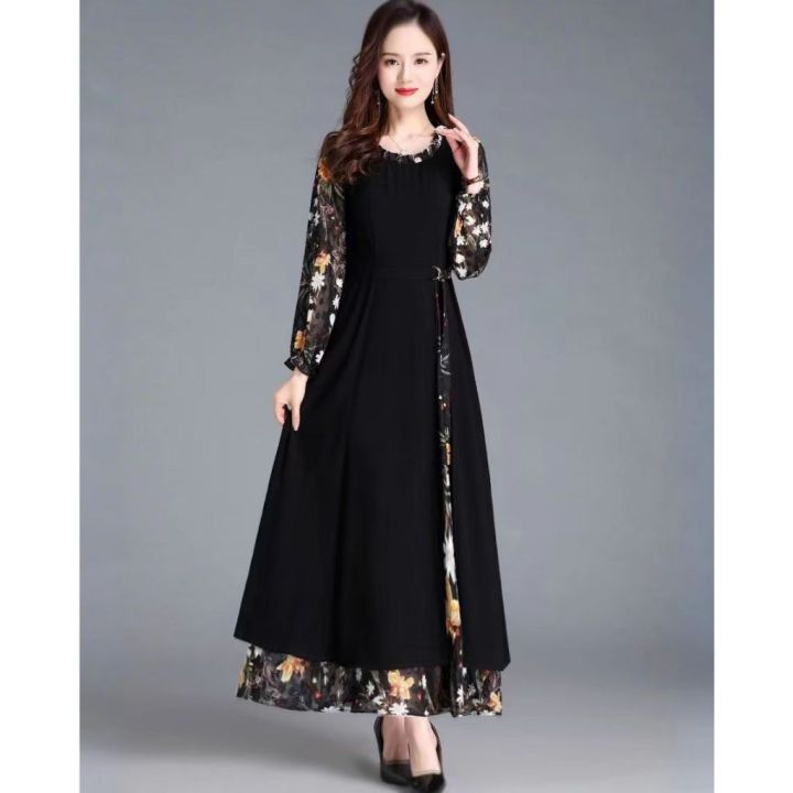 FANMU long dress korean style/gaun hitam elegan Gaun Hitam Elegan Korea Gaun  A-Line Dress Floral Gaun Korea Crew Neck V-Neck - Lazada | Lazada Indonesia