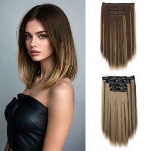 NBANLIKE 4Pcs/set Tổng hợp Kẹp tóc nối 14inch Mô phỏng Tóc vàng nâu Tự làm Vô Hình Kiểu tóc thẳng ngắn Dành cho Nữ