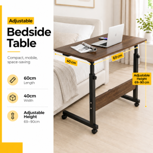 Meja Katil Boleh Laraskan Ketinggian Berroda Meja Laptop Mudah Alih 60×40cm Meja Sisi Sofa Multifungsi Untuk Belajar Kerja Makan di Katil Meja Adjustable Height 69-90cm dengan Roda Berkunci