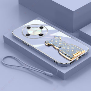 ROAZIC Bear Holder Phone Case For Honor X9b 5G With Lanyard Electroplate Casing Soft Silicone Bracket Shockproof Back Cover