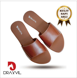 Draxvil Kulit Sapi Asli - Sandal Wanita Kulit Sapi Asli Flat Cewe warna cokelat