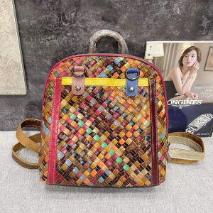 BeeGreen กระเป๋าเป้สะพายหลังผู้หญิงหนังสานหลากสีแฟชั่นอเนกประสงค์กระเป๋านักเรียนแฟชั่นกระเป๋าสะพายไหล่