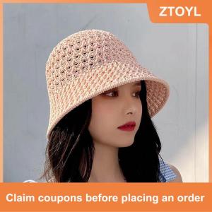 【ZTOYL】 Handmade Crochet Floppy Top Summer Hats Collapsible Dome Bucket Hat Hollow Out Solid Color Beach Caps Simplicity Soft Women Hat
