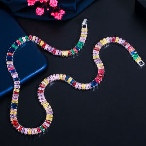 SEQUITO Wholesale Summer New Design Pave Multicolor Cubic Zirconia Stone Yellow Gold Plated Simple Boho Long Choker Necklace for Women Bohemian Jewelry SN008