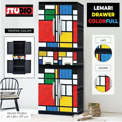 STUDIO - Lemari Pakaian Jumbo Unique Drawer 2 Pintu Motif Seni Gantung + Kaca / Non Kaca