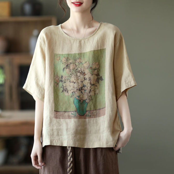 Cotton Linen TShirt Women's Plus Size Vintage Print Loose Lightweight