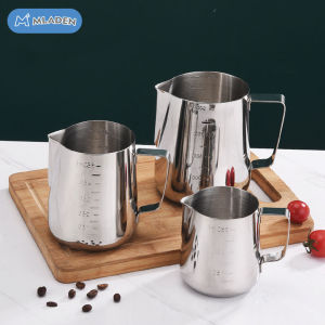 MLADEN 304 Stainless Steel Milk Frothing Pitcher with Scale&Pull Flower Design for Cappuccino Professional Coffee Appliance
