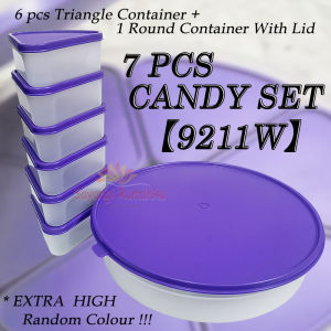 『EXTRA HIGH』 Plastic 7 PCS Candy Set【9211W】【6 pcs Triangle Container+1 Round Container With Lid】Bekas Kuih Raya Barangan Kering/Snack Candy Tray Round Container Compartment With Cover