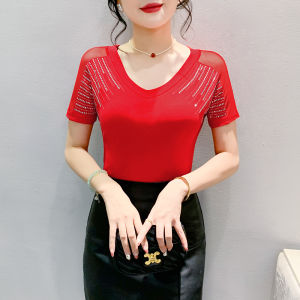 YIMEI 2025เสื้อยืดคอวีแขนสั้นสไตล์ยุโรปเสื้อคอตตอนแฟชั่นสไตล์เกาหลีแบบกลวงอุตสาหกรรมหนักร้อนแรงสีดำประดับเพชร